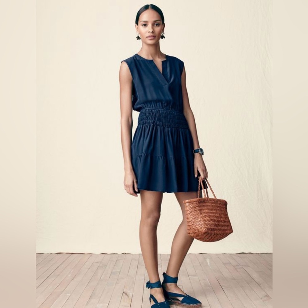 J. Crew Navy Silk Smocked-Waist Dress